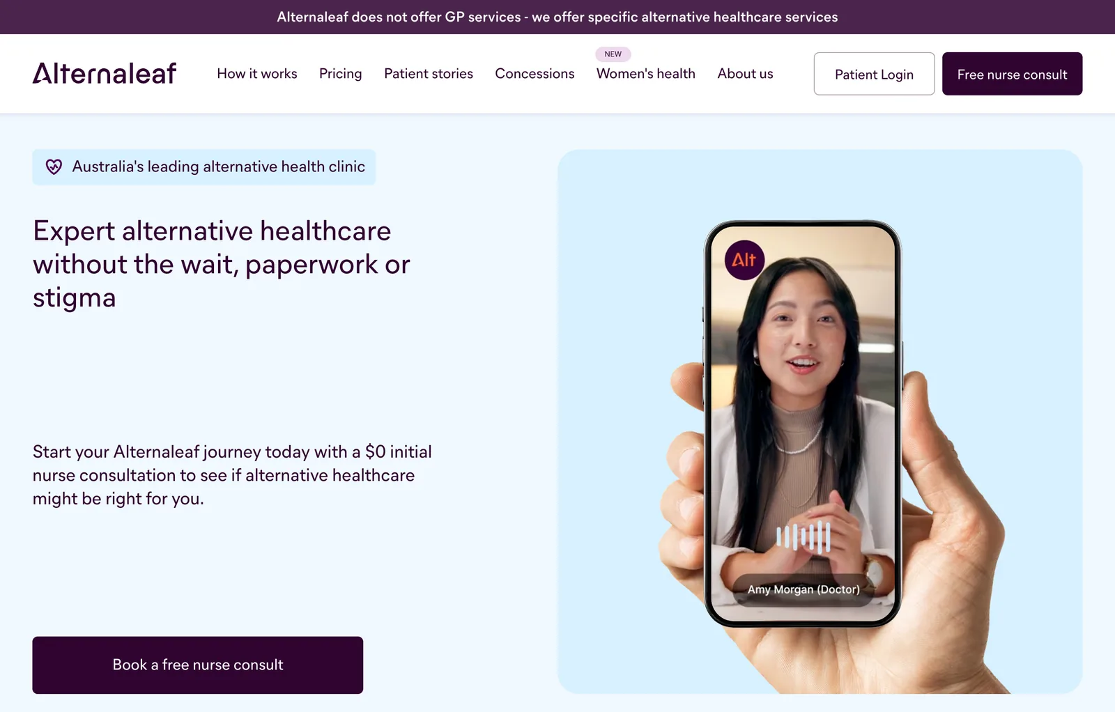 Landing page hero: the headline 'Expert alternative healthcare without the wait, paperwork or stigma', a free nurse consult offer, one booking button and a phone showing a doctor on a video call