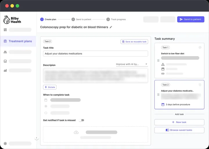 Bilby Health plan builder: a clinician writes a task, sets when it's due and sends the plan to the patient