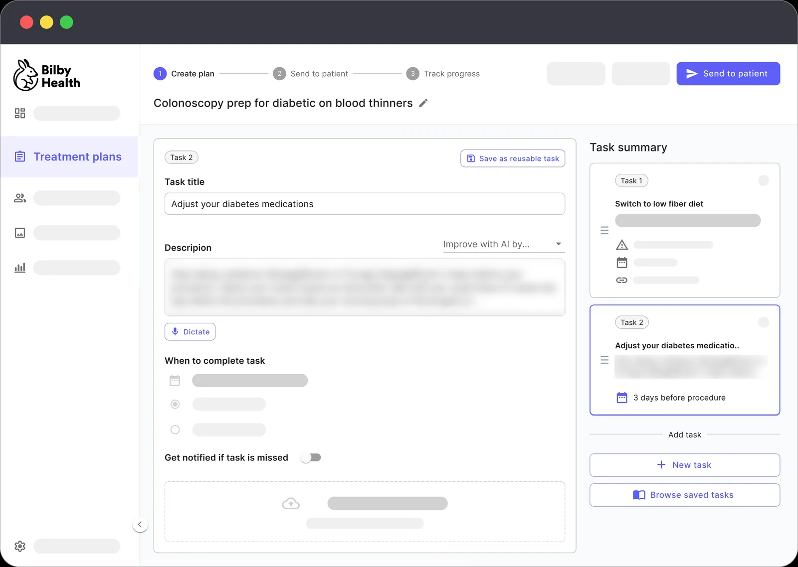 Bilby Health plan builder: a clinician writes a task, sets when it's due and sends the plan to the patient