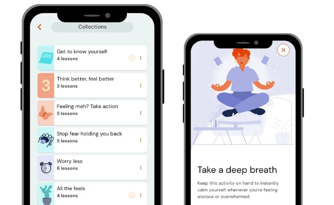 Two ClearlyMe screens on phones: a Collections list with short lessons such as Think better, feel better and Worry less, and a Take a deep breath activity.