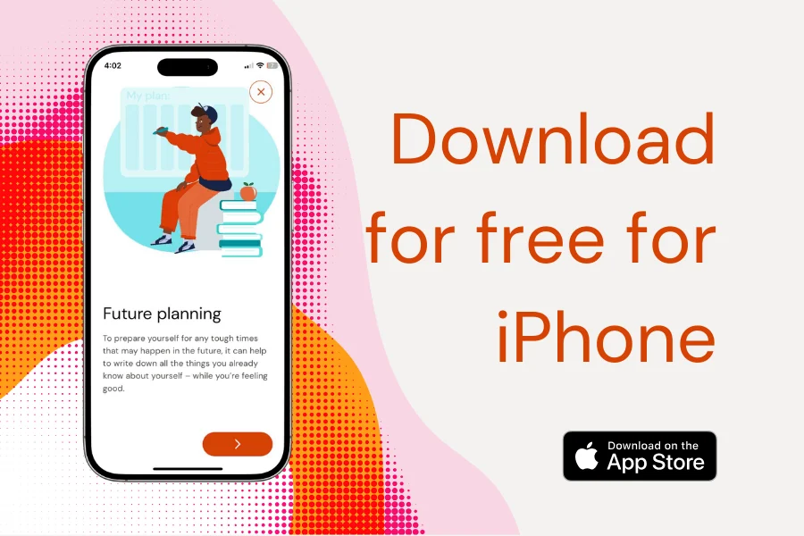 A Future planning activity on an iPhone, next to the words Download for free for iPhone and an App Store badge.
