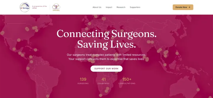 The hpbridge.org homepage: the HPBridge and IHPBA logos, then a world map with the headline Connecting Surgeons, Saving Lives, and figures for surgeons, countries and consultations.