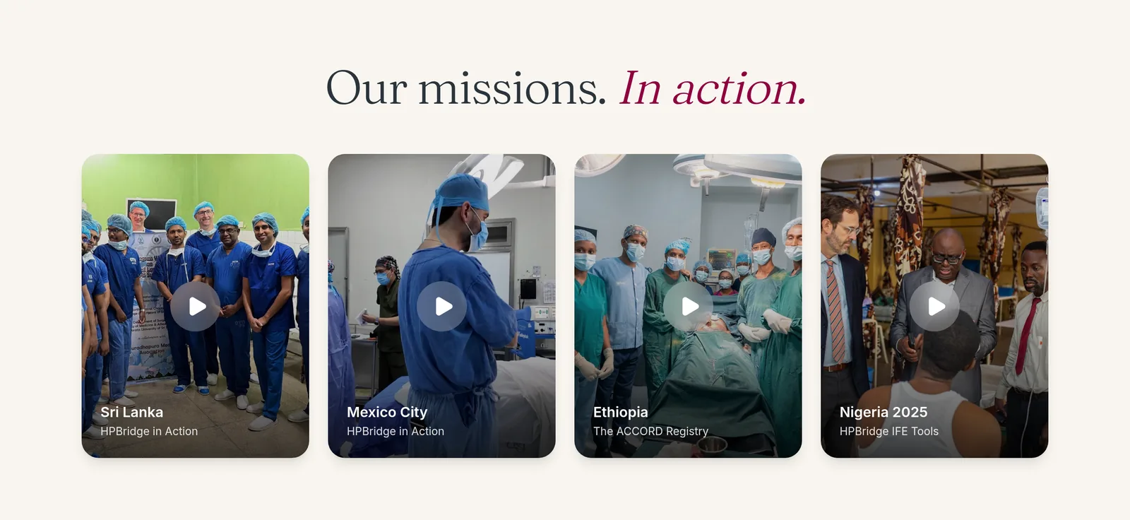 A row of mission videos from Sri Lanka, Mexico City, Ethiopia and Nigeria.