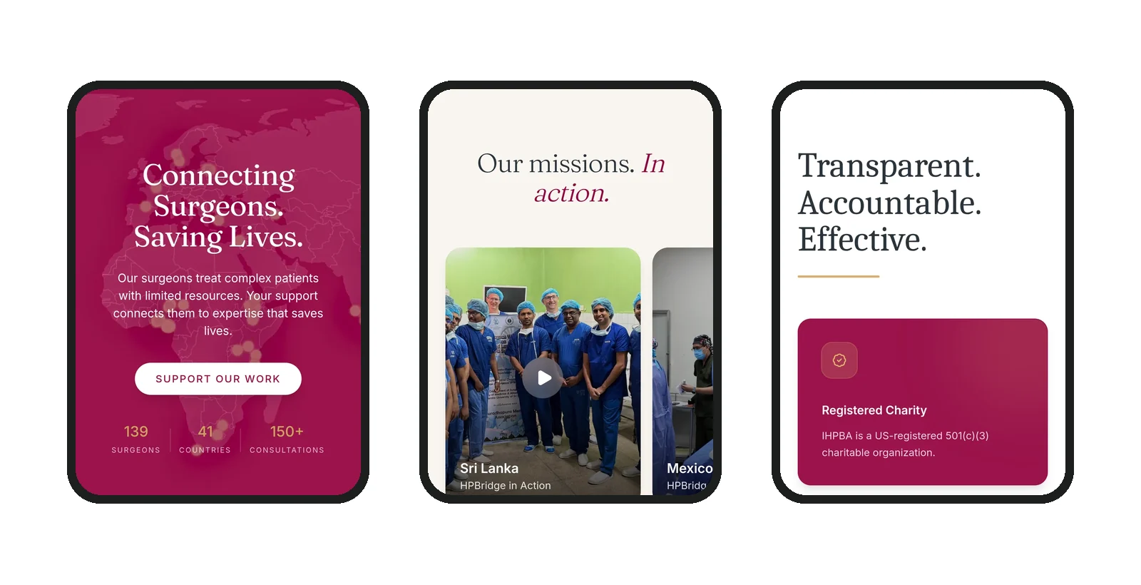 Three phones showing the hpbridge.org homepage with a Support our work button, the mission stories as swipeable cards, and the registered charity card.