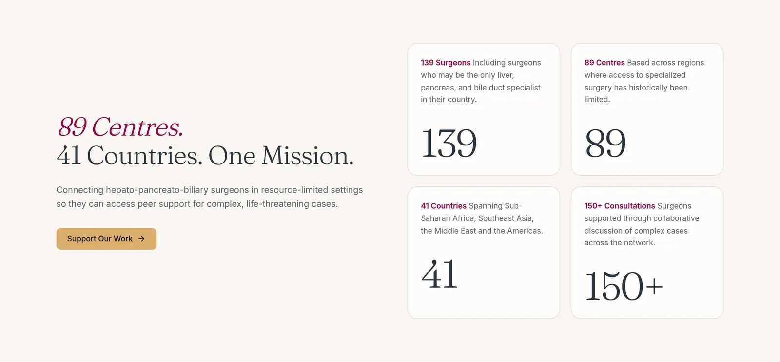 Homepage section headed 89 Centres, 41 Countries, One Mission, with cards explaining each figure.